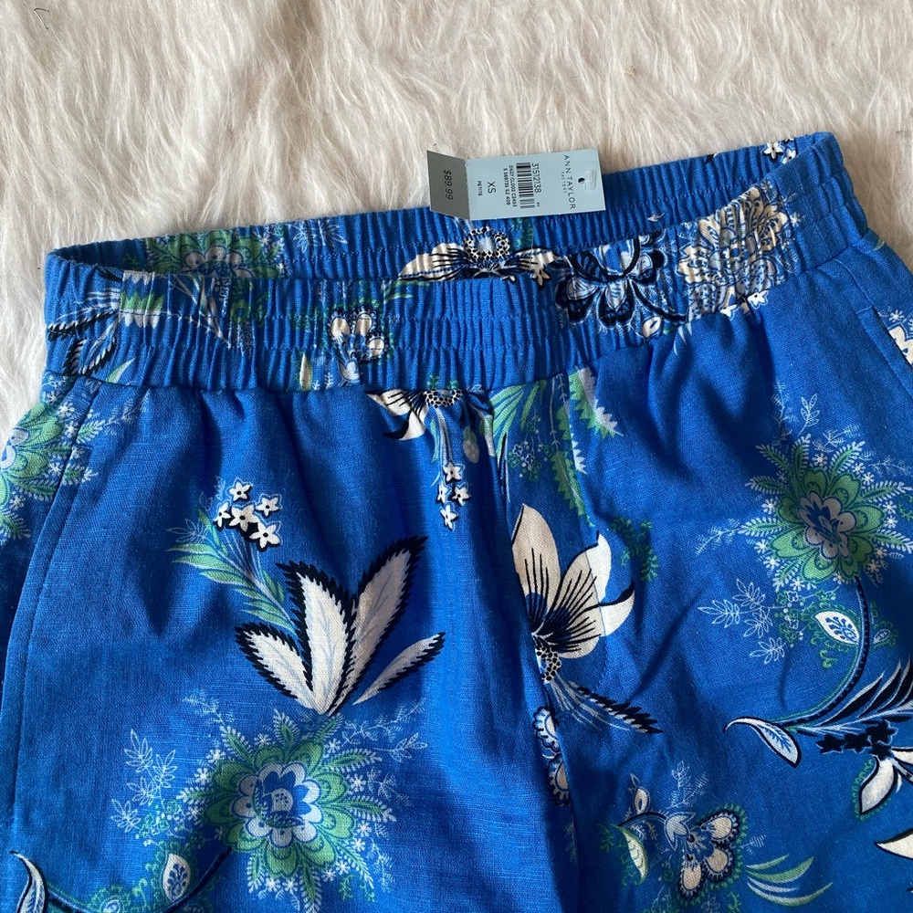 Ann Taylor linen wide leg pants pockets blue tropical print NWT XS Petite - Picture 5 of 5